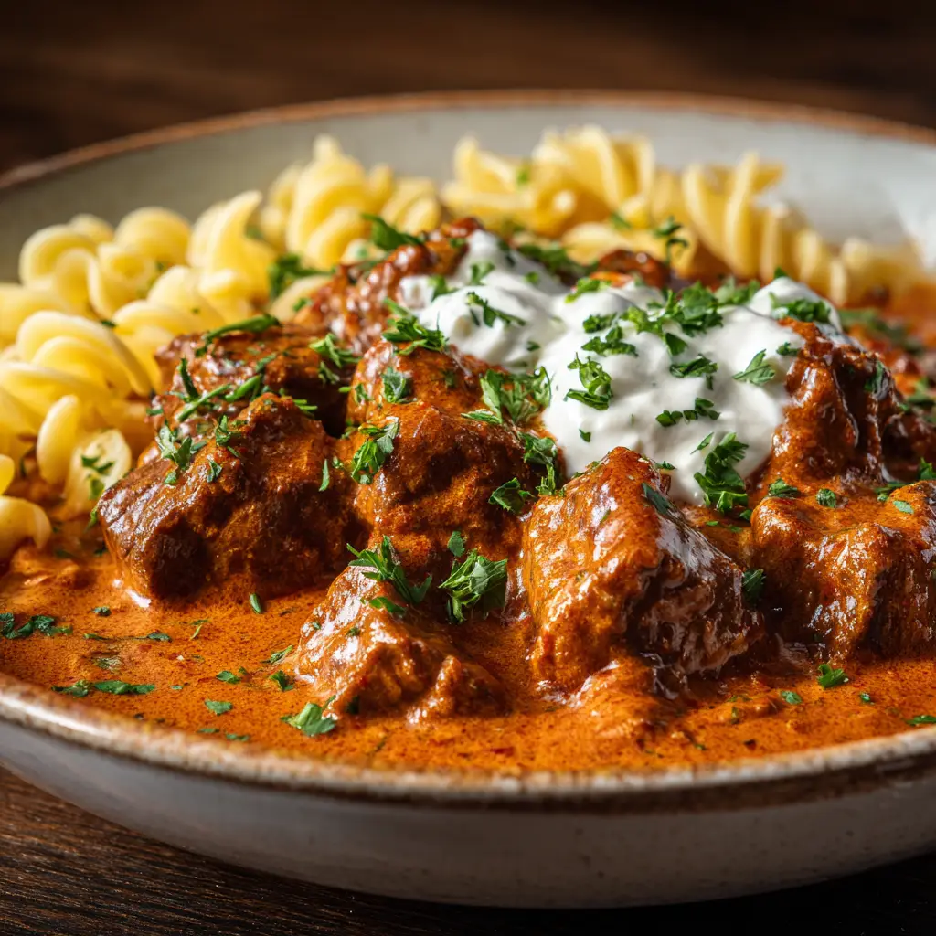 A close-up of the tender beef chunks in this easy German goulash recipe, showing the texture of the slow-cooked meat.