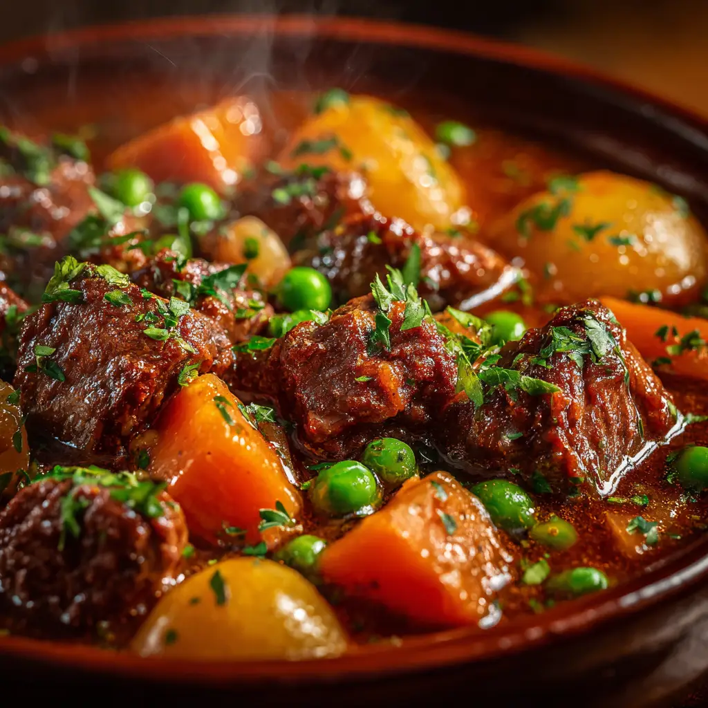 A spoonful of tender beef stew being lifted from a bowl, showcasing the rich gravy and medley of vegetables in this easy slow cooker meal.