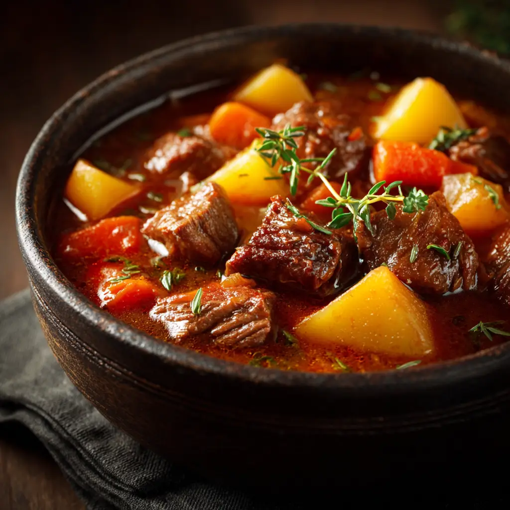 A spoonful of tender beef stew being lifted from a bowl, showcasing the tender chunks of beef and vegetables.