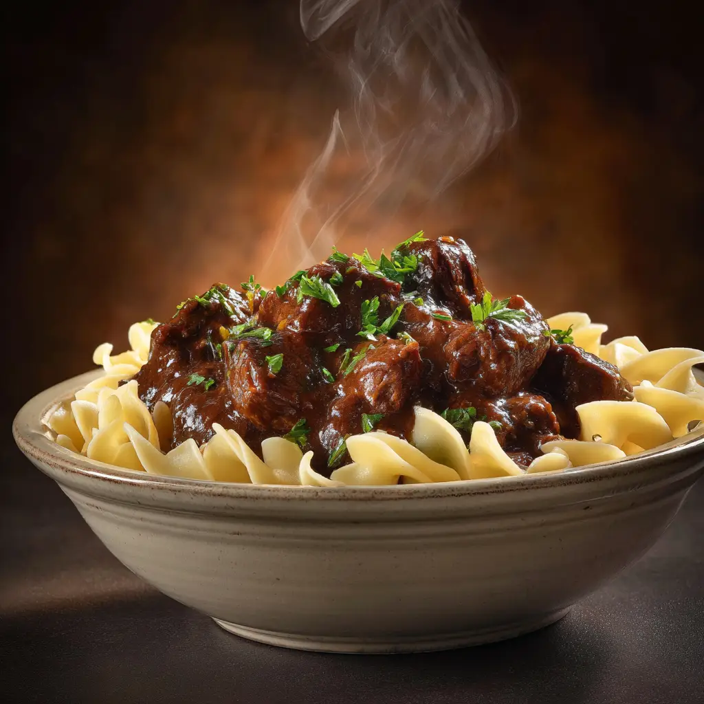 An extreme close-up of tender beef tips in a rich, savory gravy, showcasing the texture of the slow-cooked meat. A perfect illustration of this easy crockpot beef tips recipe.