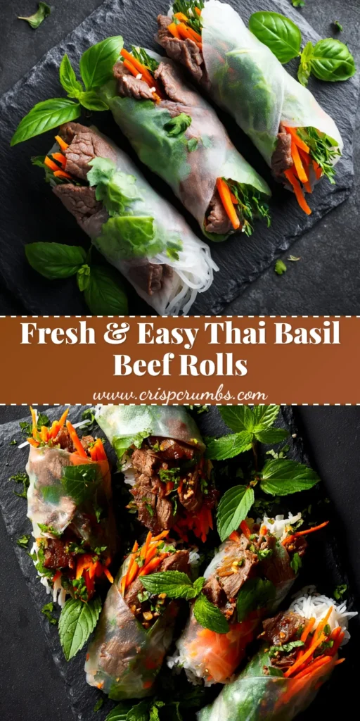 A platter of fresh Thai Basil Beef Rolls, perfectly wrapped and served with a creamy peanut dipping sauce.