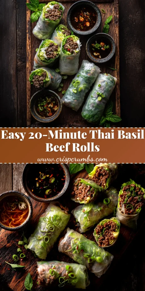 A platter of freshly made Thai Basil Beef Rolls, sliced in half to show the colorful filling of beef, herbs, and vegetables. A small bowl of peanut dipping sauce is nearby.
