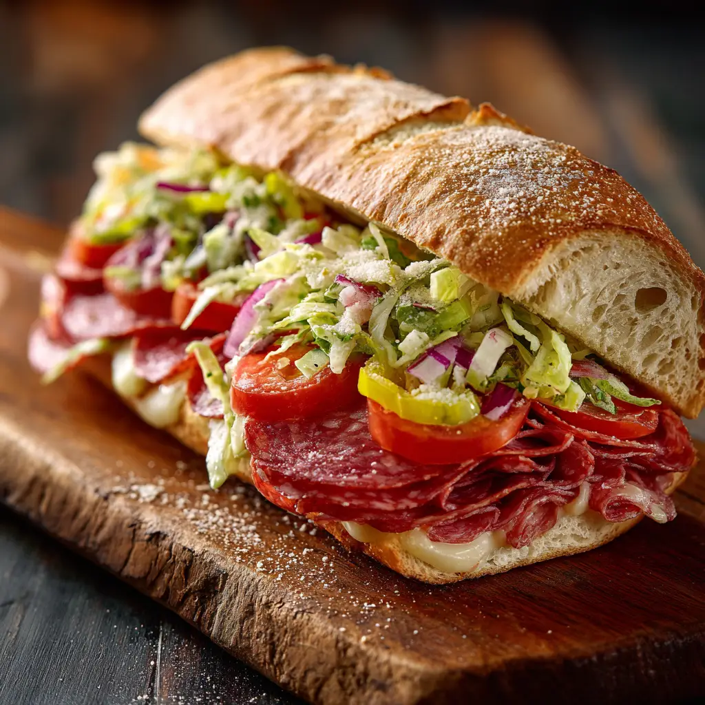 The fully assembled Italian Grinder Sandwich, toasted to perfection with melted provolone cheese over layers of salami, prosciutto, and capicola.