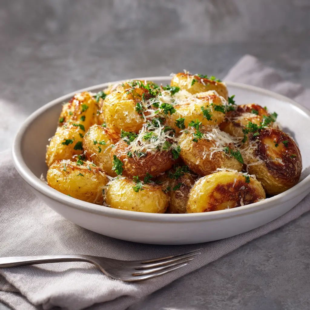 Golden brown roasted potatoes being tossed in a bowl with freshly grated parmesan cheese and parsley.