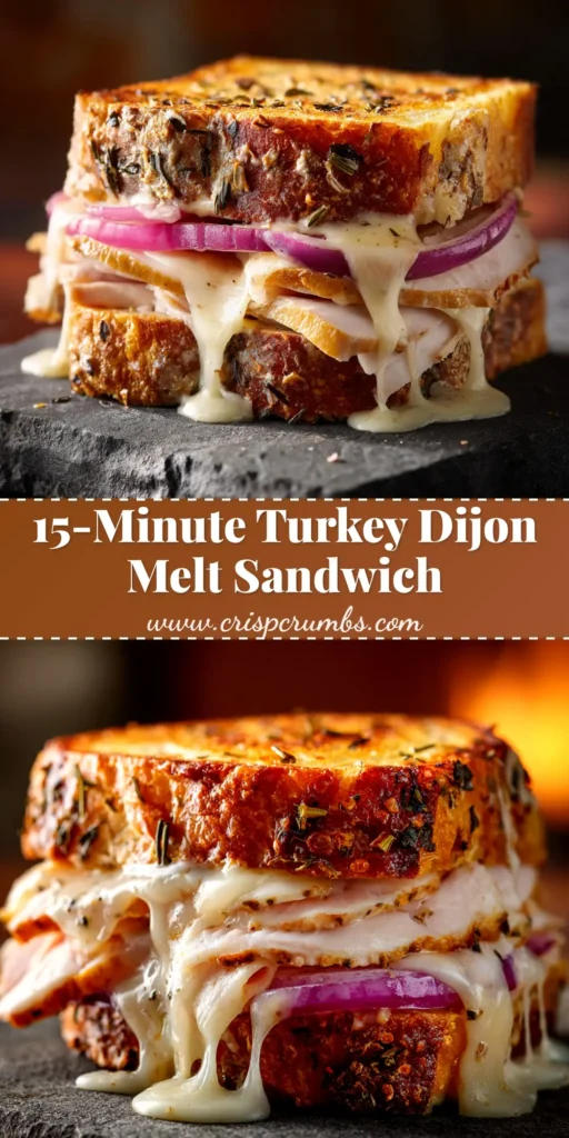 A perfectly grilled Turkey Dijon Melt sandwich cut in half, showing layers of savory turkey, gooey melted cheese, and a creamy dijon spread on golden sourdough bread.