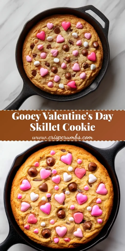 A warm and gooey Valentine's skillet cookie in a cast iron pan, topped with a scoop of vanilla ice cream and festive sprinkles. Perfect romantic dessert for two.