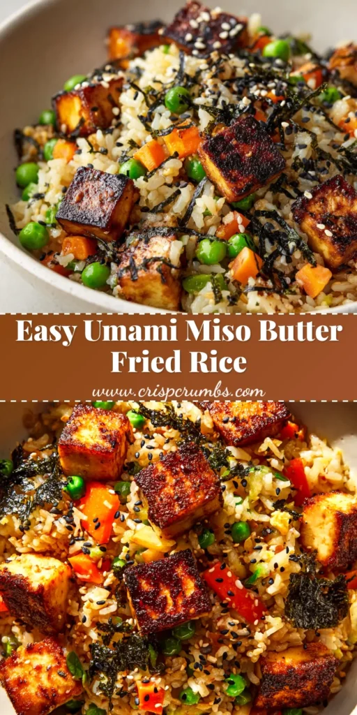 A beautiful overhead shot of a bowl of Vegan Miso Butter Fried Rice, garnished with fresh scallions and sesame seeds. The perfect easy weeknight dinner recipe.