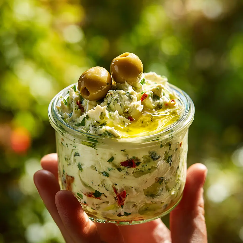 A rustic bowl filled with creamy whipped feta and olive dip, garnished with chopped olives and fresh herbs, ready to be served as a delicious appetizer.