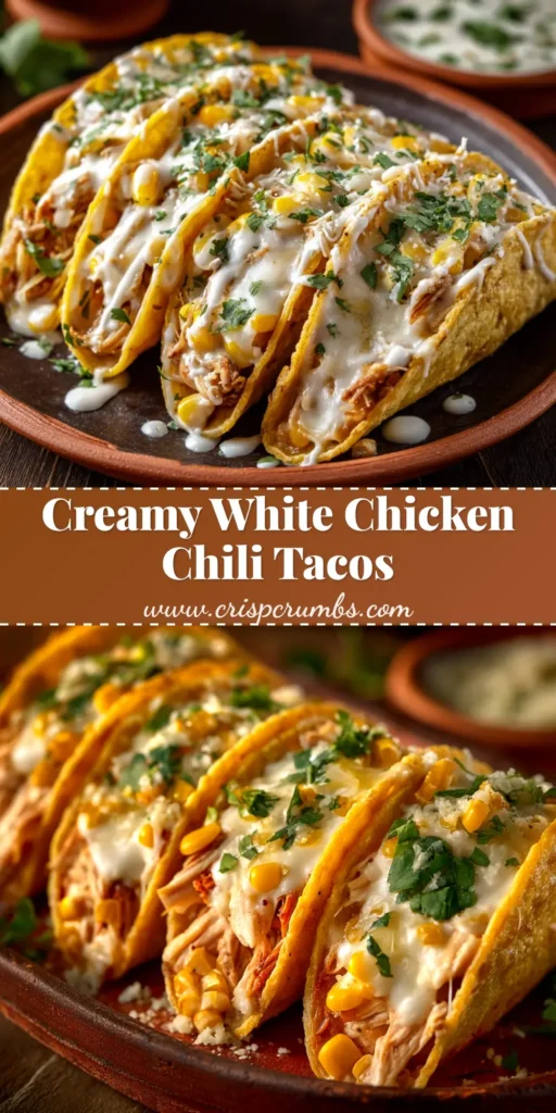 A platter of delicious White Chicken Chili Tacos, with a creamy filling spilling out of warm tortillas, garnished with fresh cilantro and lime wedges.