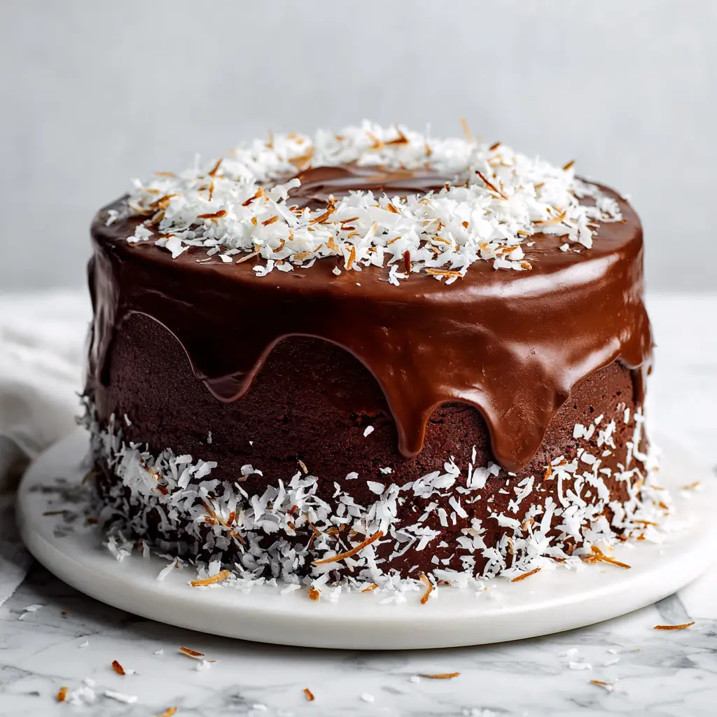 A whole, decadent Chocolate Coconut Cake on a rustic wooden stand, showcasing the thick layer of coconut frosting and shredded coconut topping.