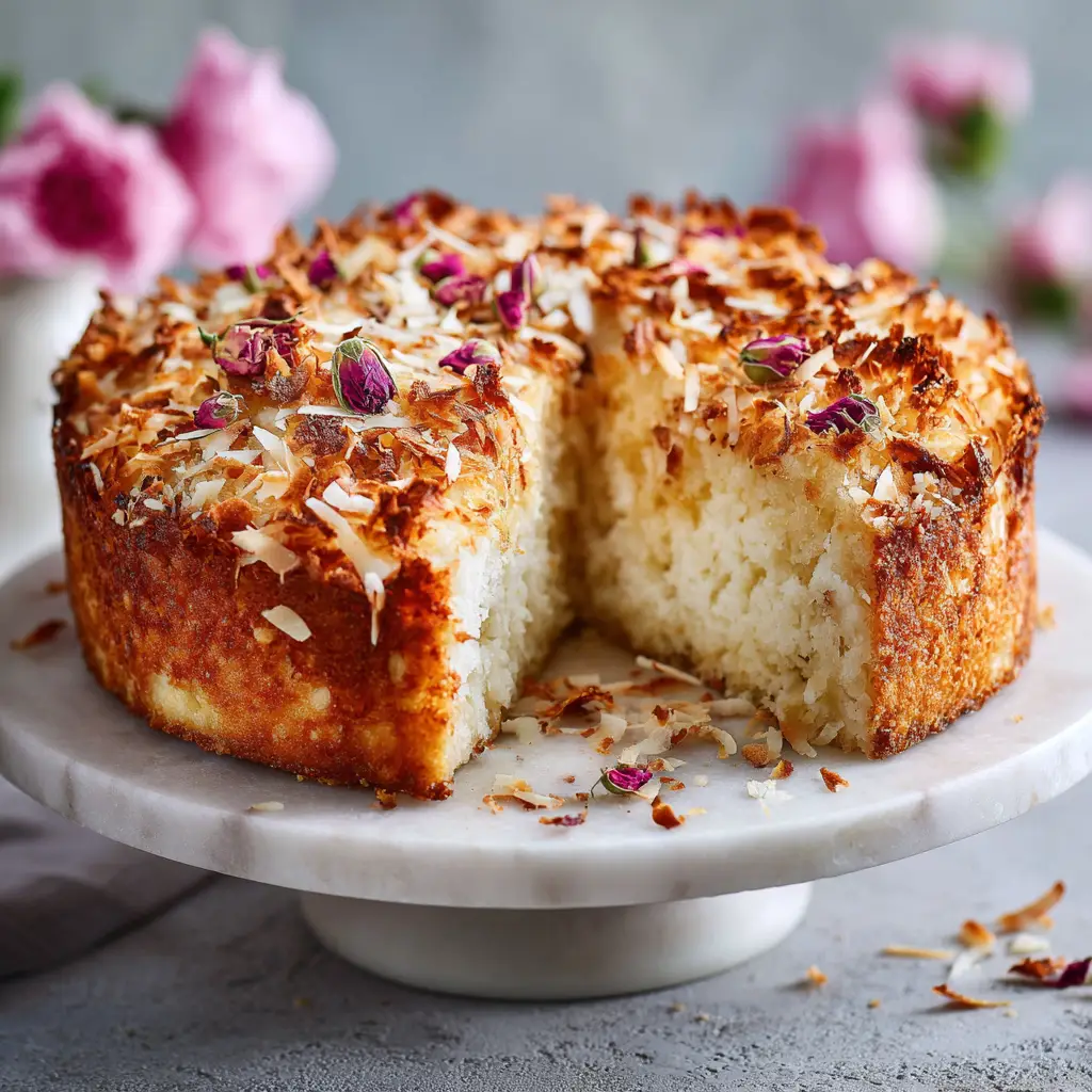 A whole rustic Italian coconut ricotta cake sitting on a wooden board, dusted with powdered sugar and surrounded by fresh coconuts.
