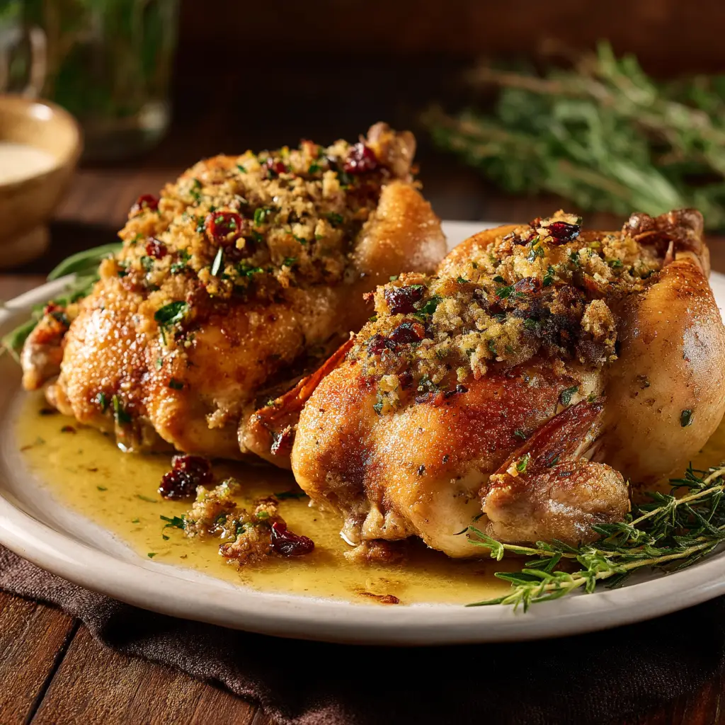 A close-up of a golden-brown roasted Cornish hen with a savory wild rice stuffing.
