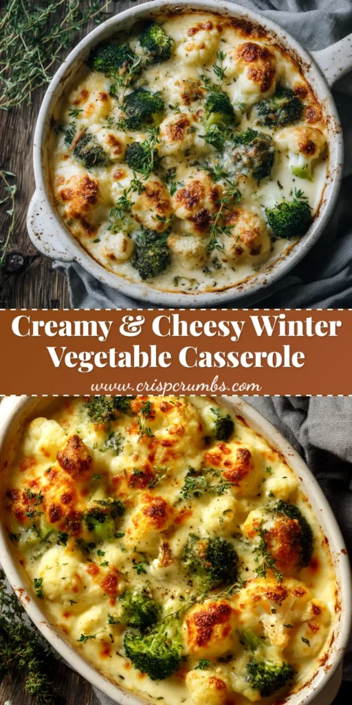 A beautiful overhead shot of a creamy winter vegetable casserole in a white baking dish, ready to be pinned. The casserole is golden brown and bubbling, showcasing hearty root vegetables in a rich cheese sauce.