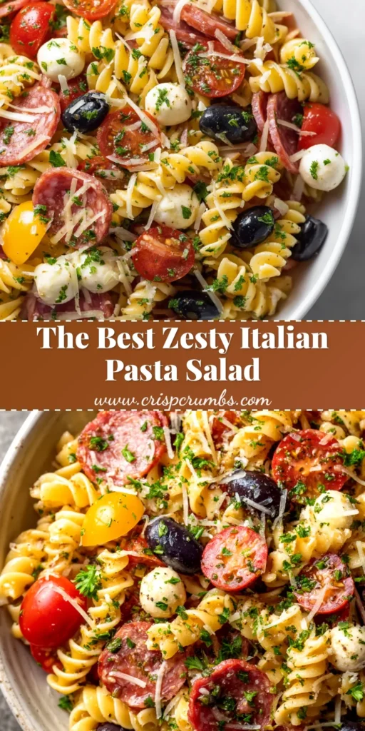 A large white bowl filled with Zesty Italian Pasta Salad, featuring rotini, tomatoes, cucumbers, and olives, with a title overlay.