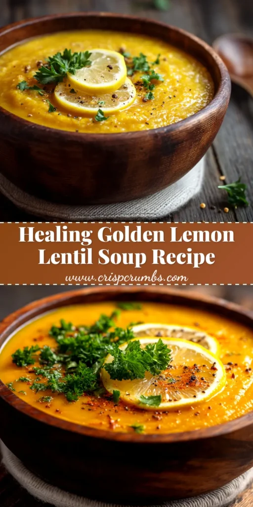 A beautiful bowl of Anti-Inflammatory Lemon Lentil Soup, garnished with fresh parsley and a slice of lemon, ready to be shared on Pinterest.