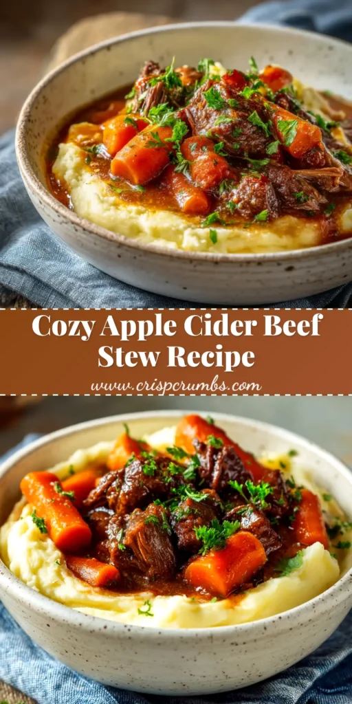 A top-down view of a rich and hearty Apple Cider Beef Stew in a rustic bowl, garnished with fresh parsley. The perfect fall comfort food.