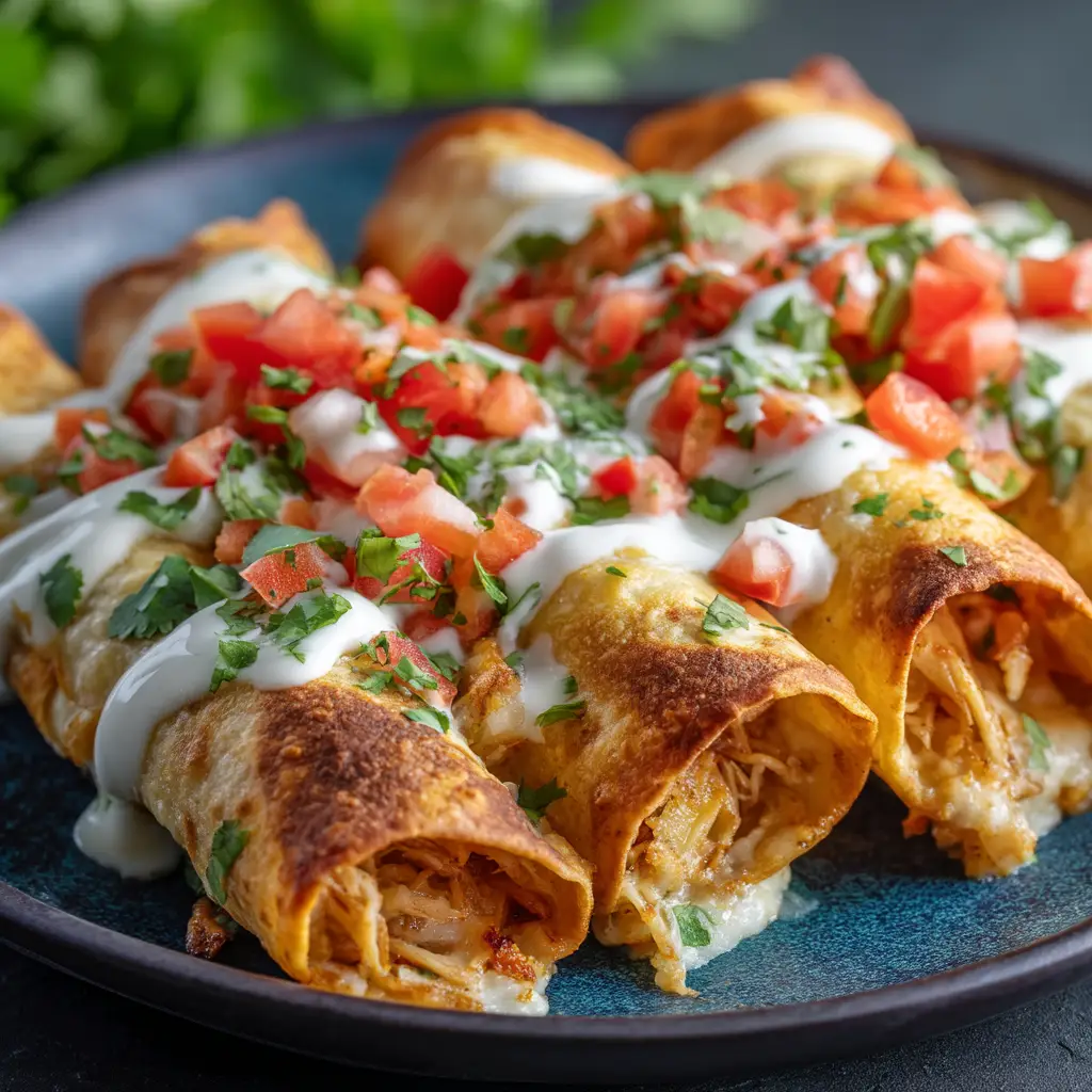 A hand rolling a flour tortilla with the creamy chicken and cheese filling for the baked taquitos.