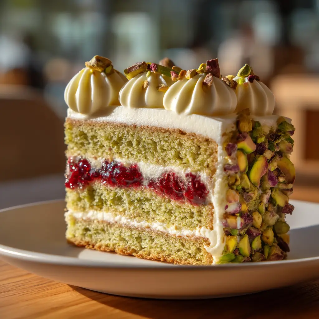 The process of assembling the pistachio raspberry cake, showing the raspberry filling being spread over the bottom cake layer.