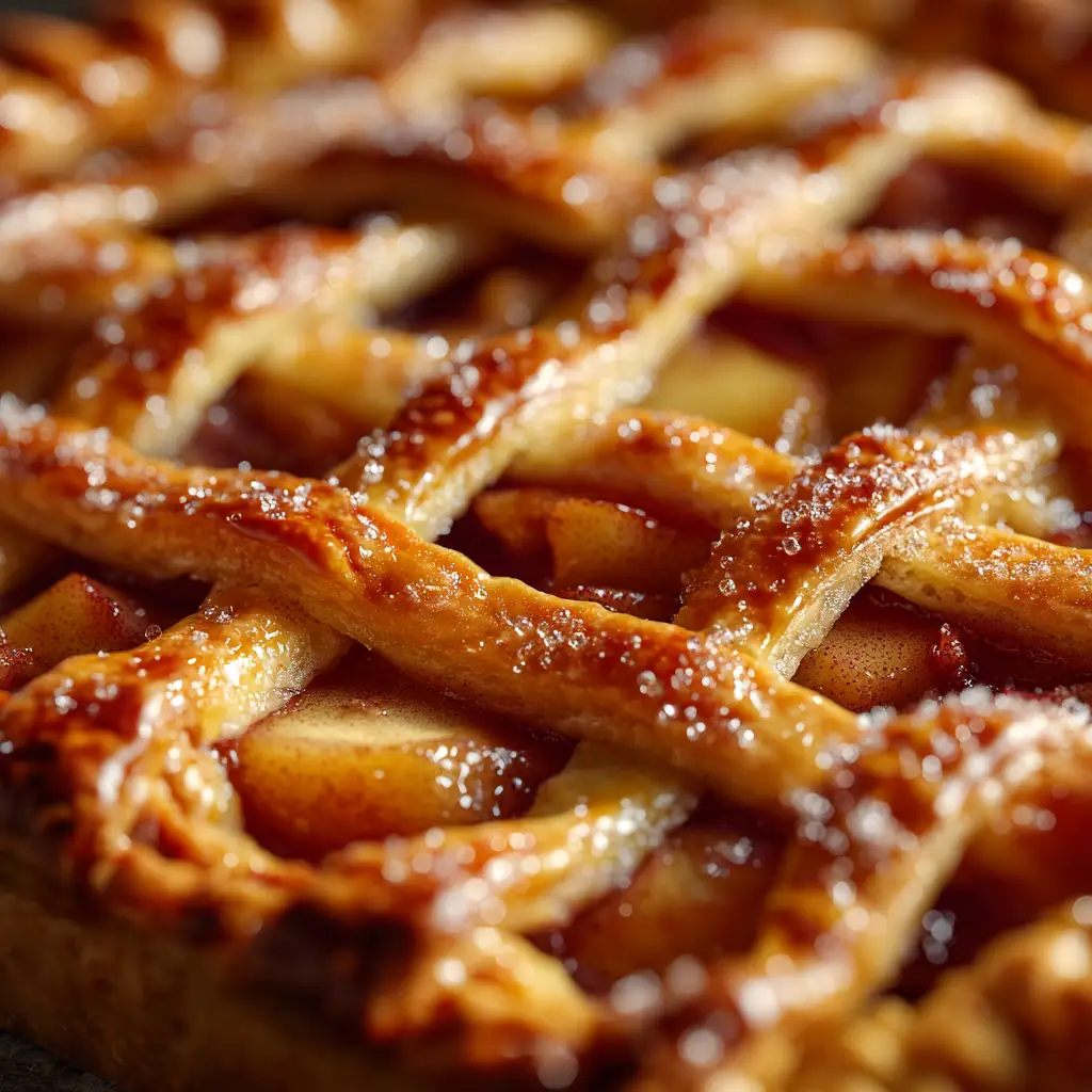A close-up corner shot of the baked Apple Slab Pie, highlighting the flaky, golden-brown crust and bubbly apple filling.