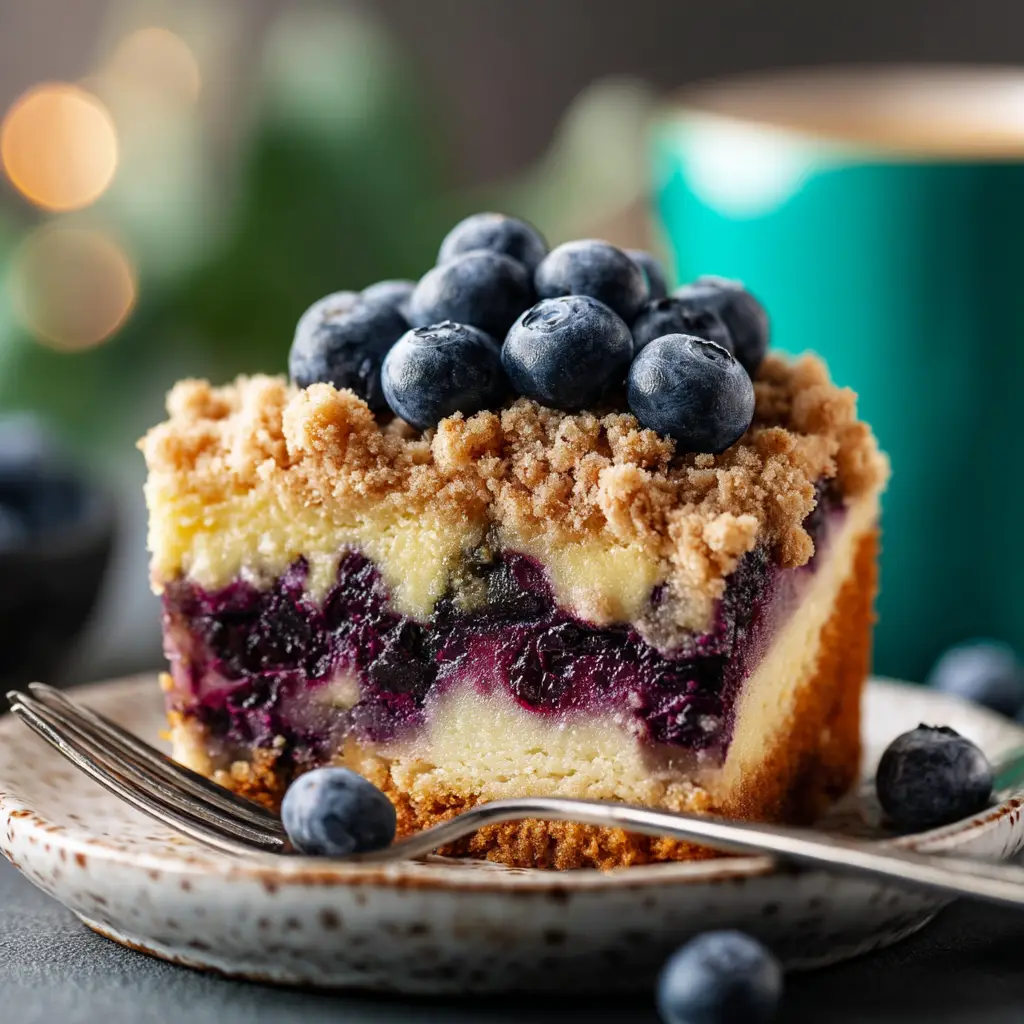 The finished blueberry coffee cake in a square baking pan, with a golden brown, crumbly streusel topping.
