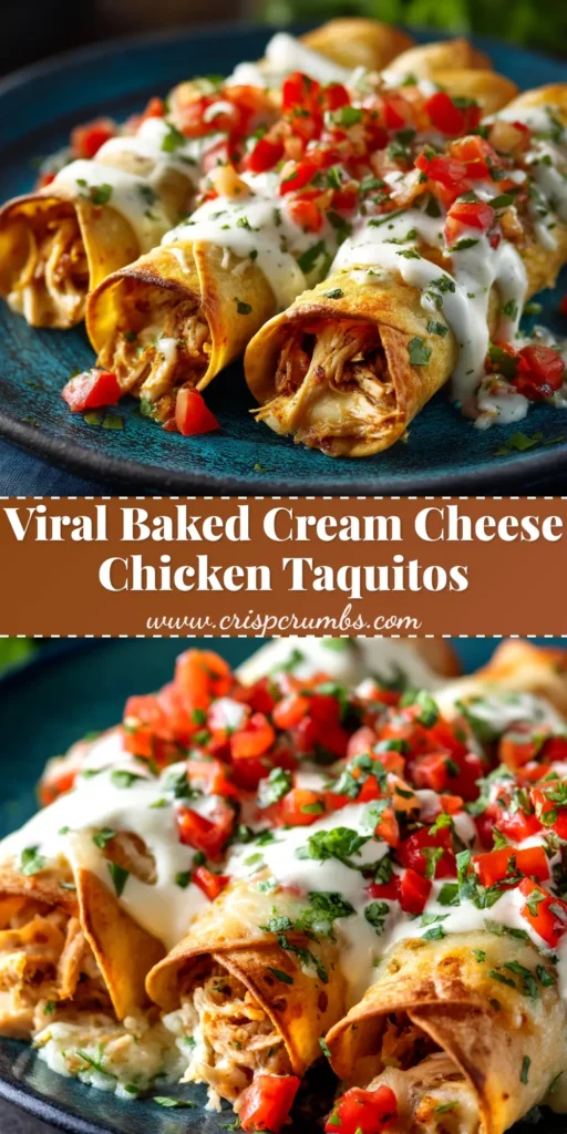A shareable pin image of crispy Baked Cream Cheese Chicken Taquitos arranged on a plate with dipping sauces.