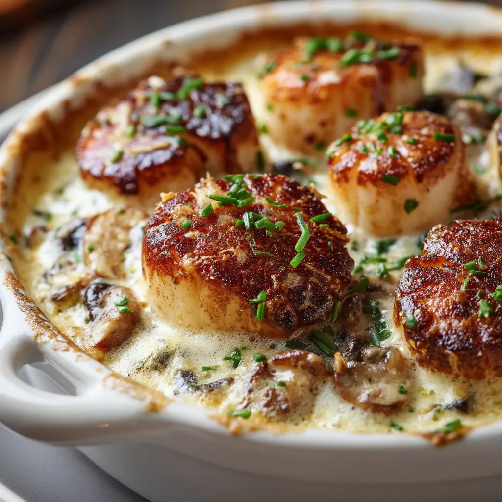 Two individual servings of baked seafood gratin in white ramekins, ready to be served with a side of crusty bread and lemon wedges.