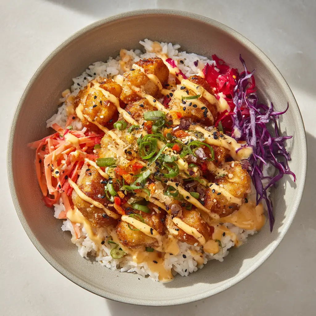 All the fresh ingredients for a Bang Bang Chicken Bowl, including rice, chicken, cucumber, carrots, and edamame, arranged neatly.