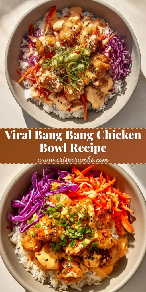 A vibrant and delicious Bang Bang Chicken Bowl with crispy chicken, creamy spicy sauce, fresh vegetables, and rice, shown from a top-down view.