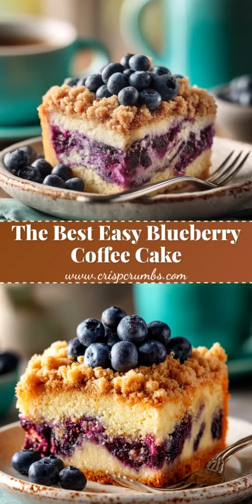 A delicious slice of moist blueberry coffee cake on a white plate, showcasing a thick crumb topping and juicy blueberries.
