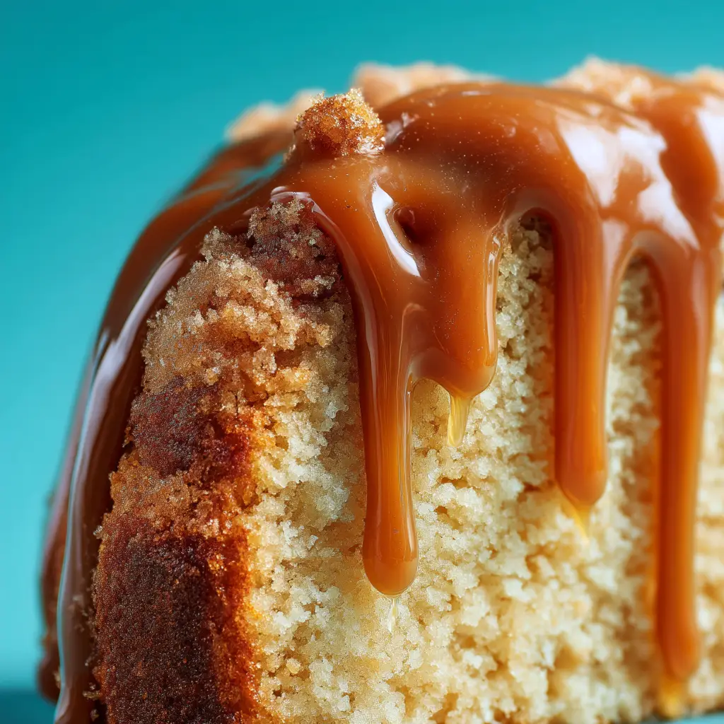 A thick slice of Brown Sugar Caramel Pound Cake on a plate, with a generous drizzle of homemade caramel glaze dripping down the side.