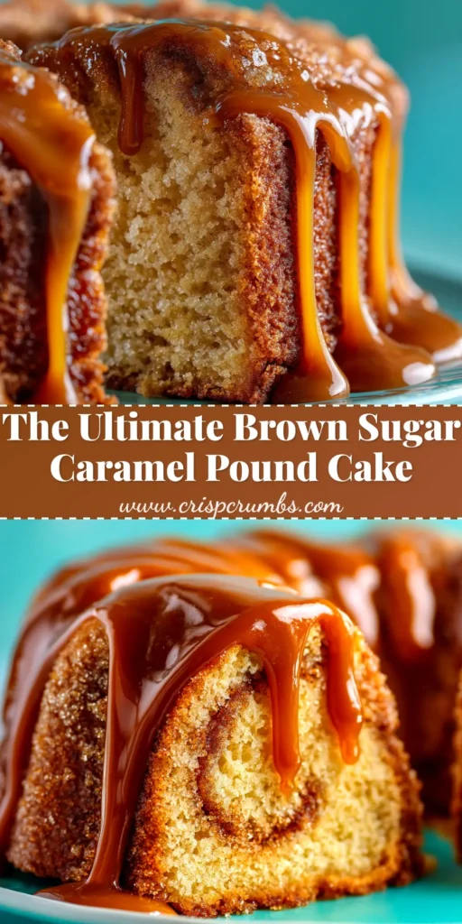 A beautiful Brown Sugar Caramel Pound Cake on a cake stand, with a slice cut out to show the moist crumb, drizzled with rich caramel glaze.
