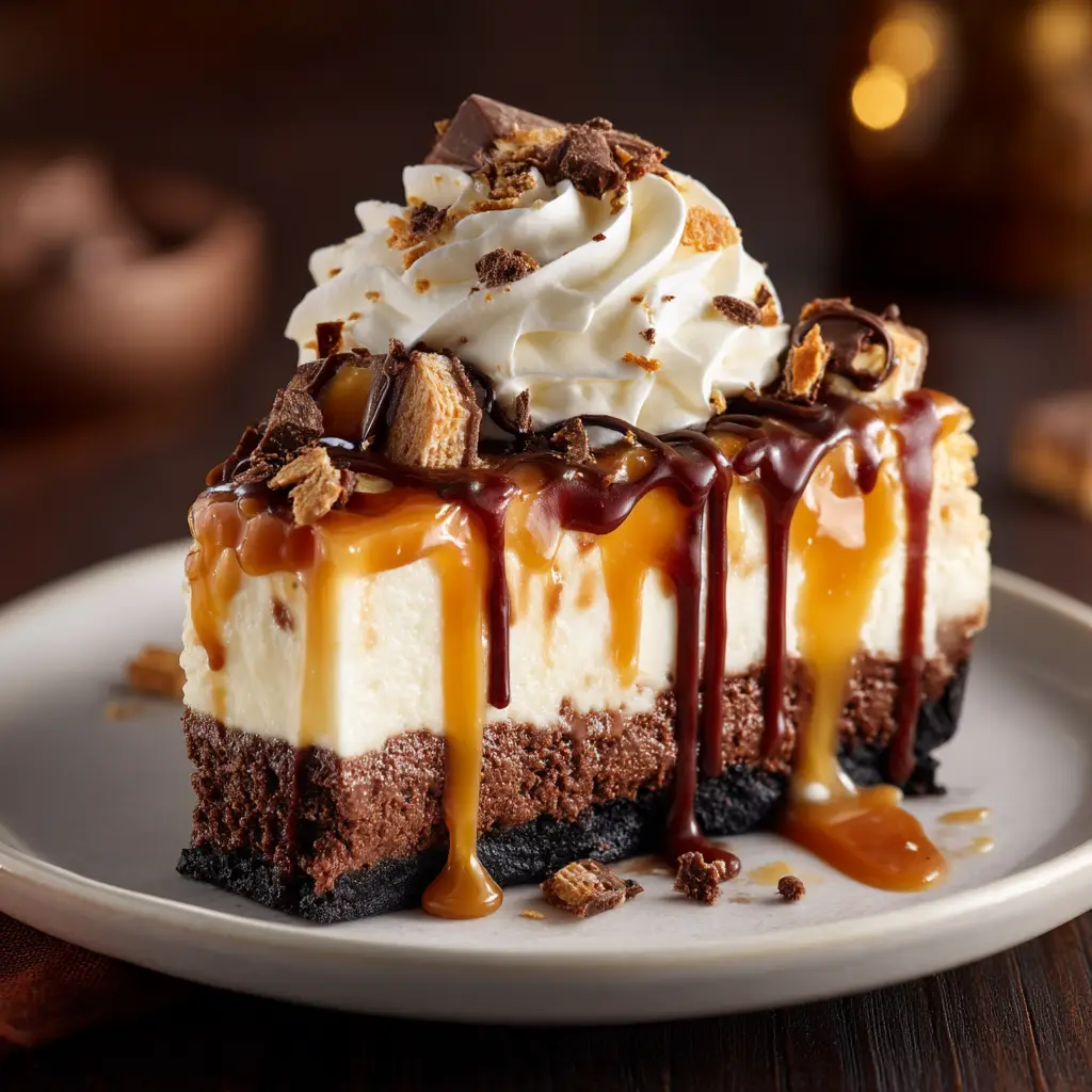 A close-up shot of the caramel brownie cheesecake layers, emphasizing the fudgy brownie base and the ultra-creamy cheesecake filling.