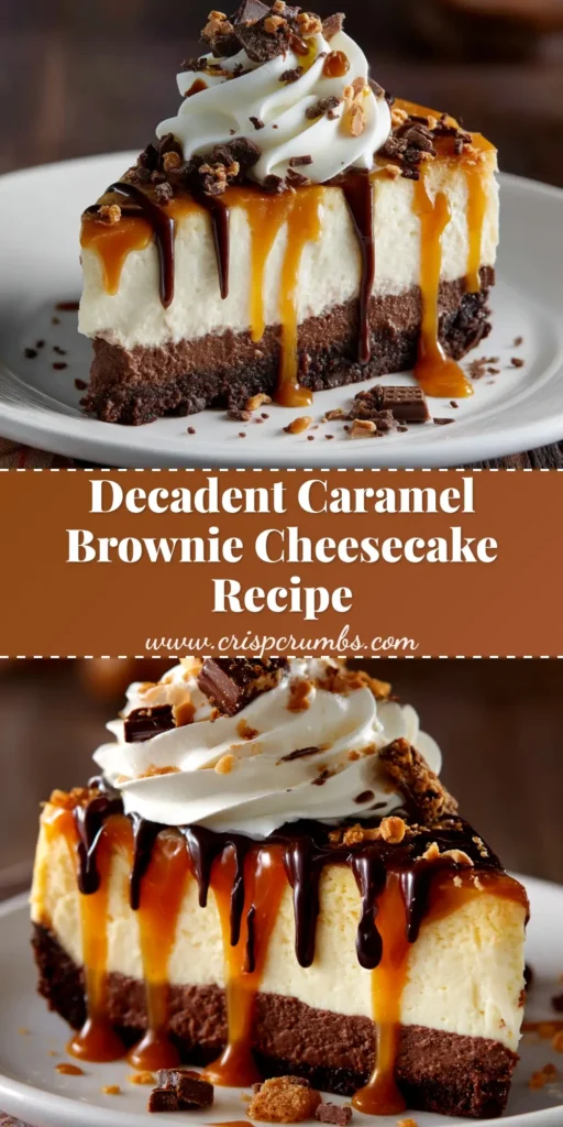A decadent slice of caramel brownie cheesecake on a white plate, showing the distinct layers of fudgy brownie, creamy cheesecake, gooey caramel, and rich chocolate ganache.
