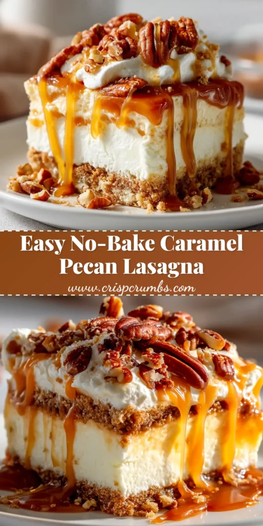 A pan of delicious, layered Caramel Pecan Lasagna with a slice taken out, showing the pecan crust, cream cheese, and caramel pudding layers. Perfect no-bake dessert recipe for a crowd.