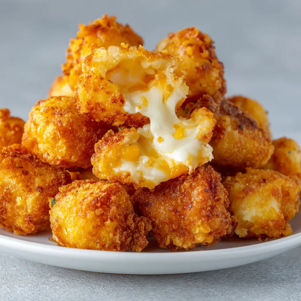 A single fried cheese curd being pulled apart to reveal a gooey, melted cheese center.