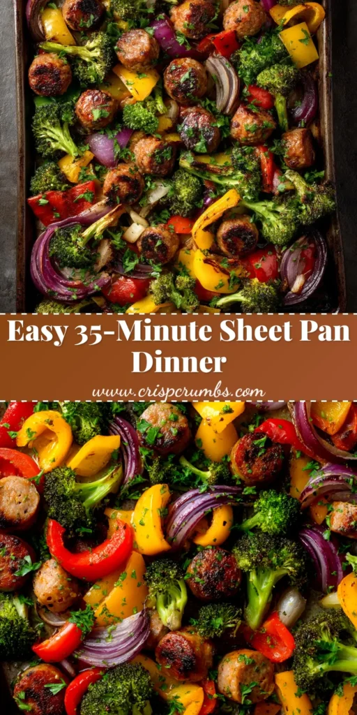 A colorful and delicious Chicken Sausage Sheet Pan Dinner, perfectly roasted with broccoli, bell peppers, and potatoes on a metal baking sheet. A simple and healthy one-pan meal.