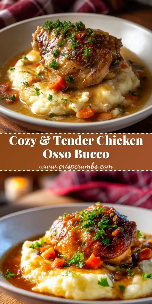 A beautiful overhead shot of Chicken Thigh Osso Bucco in a rustic pot, garnished with fresh parsley. The perfect pin to save for a cozy dinner recipe.