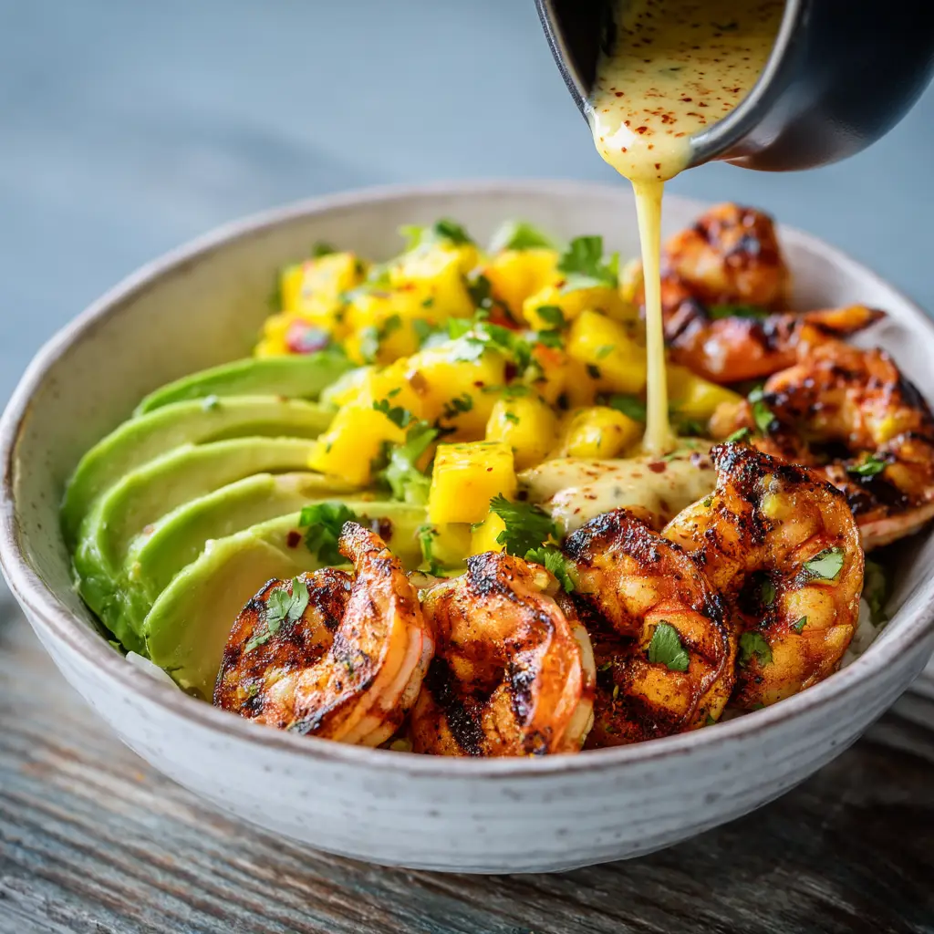 A lifestyle shot of the assembled cilantro lime shrimp and avocado bowl, ready to be served, emphasizing its fresh and appetizing appearance.