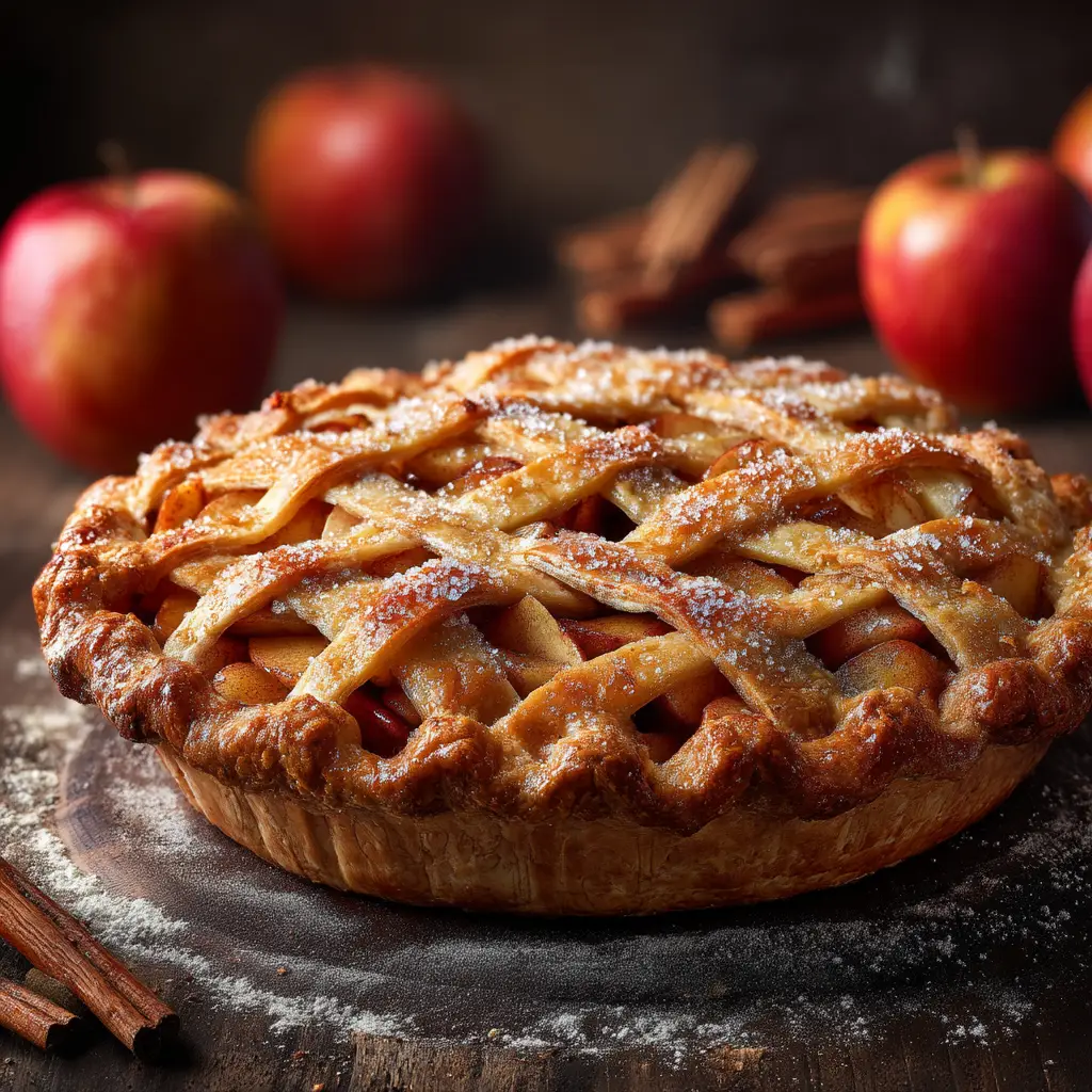 An overhead view of a golden-brown homemade apple pie, emphasizing the perfectly baked flaky pie crust and lattice design. A key visual for our classic dessert recipe.