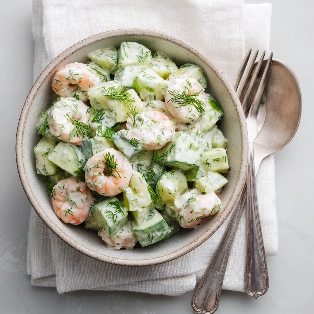 A close-up shot of the cold shrimp salad, highlighting the texture of the crisp cucumbers and the creamy dill dressing.