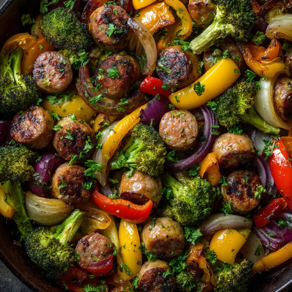 A close-up of the finished chicken sausage one-pan meal, highlighting the crispy potatoes and tender broccoli. A perfect example of an easy weeknight dinner.
