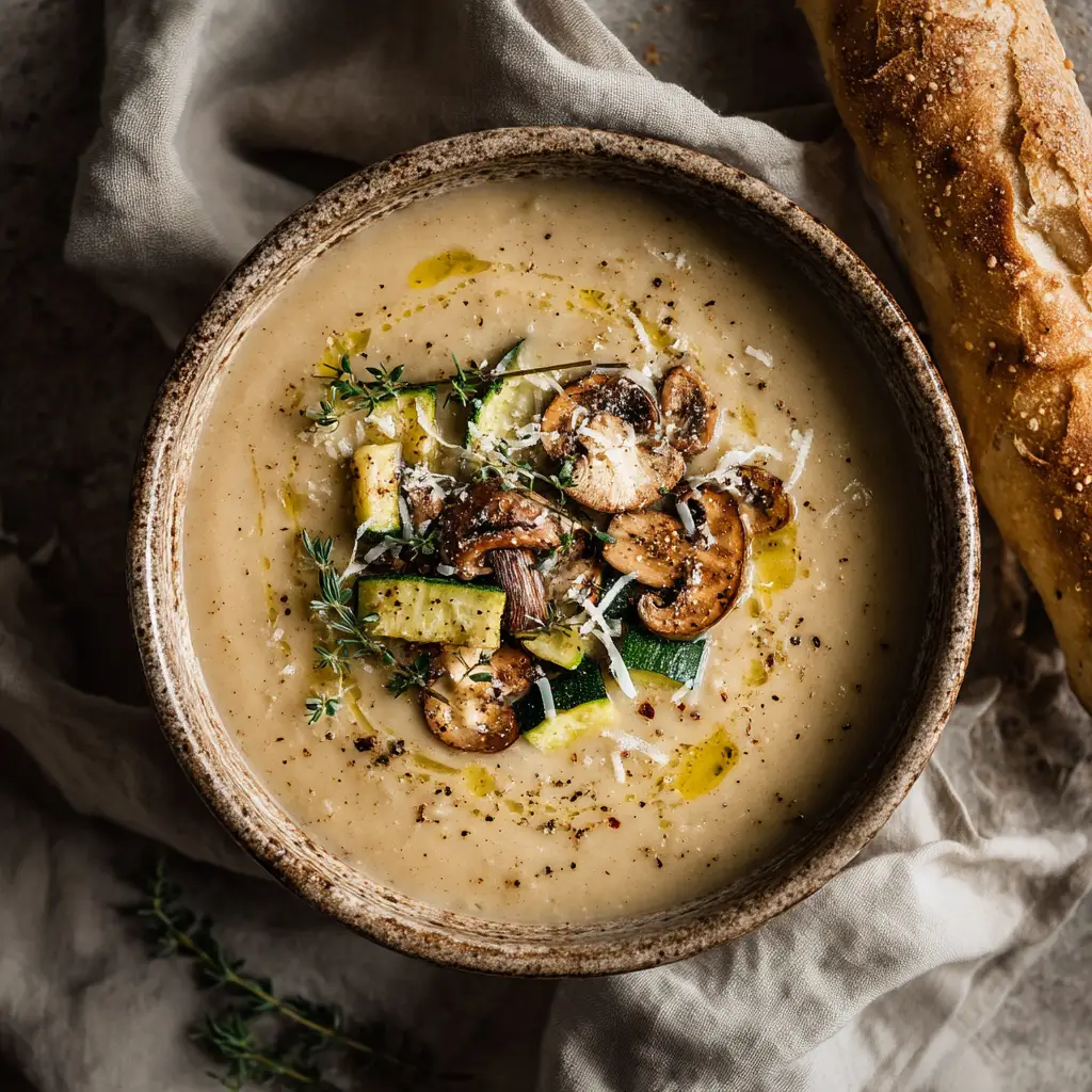 A close-up shot of the Ratatouille Soup simmering in a pot, showcasing the tender vegetables and rich tomato broth.