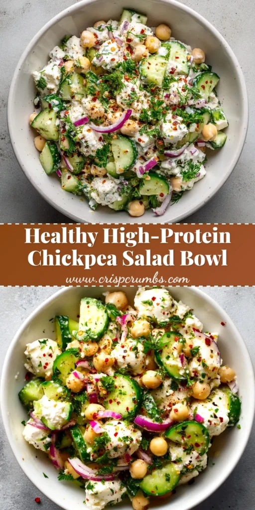 A tall image of Cottage Cheese Chickpea Salad served in a bowl with text overlay for a Pinterest Pin. The salad is garnished with fresh dill.