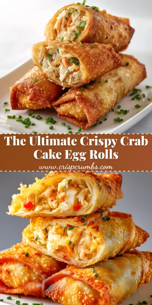 A stack of crispy, golden-brown Crab Cake Egg Rolls served on a platter with a side of creamy sweet chili aioli for dipping.