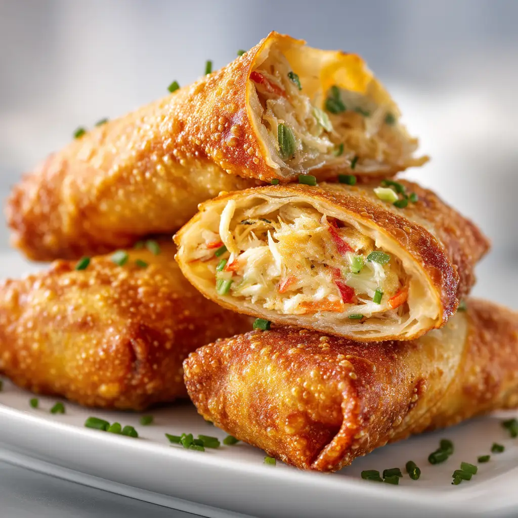An action shot of a crab cake egg roll being dipped into a small bowl of creamy white dipping sauce.