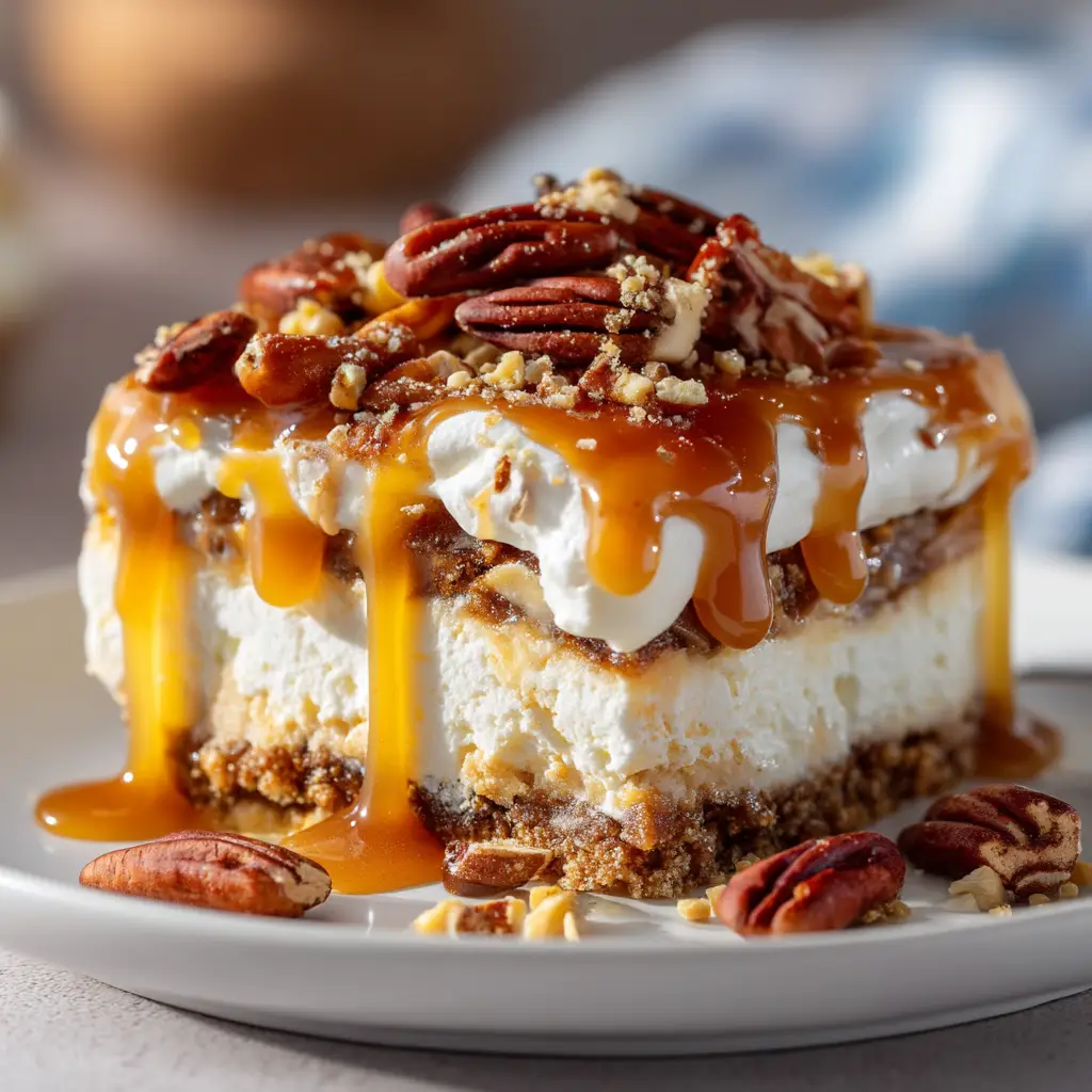 A fork cutting into a square of caramel pecan lush, with caramel sauce dripping down the side. The texture of the creamy layers is clearly visible.