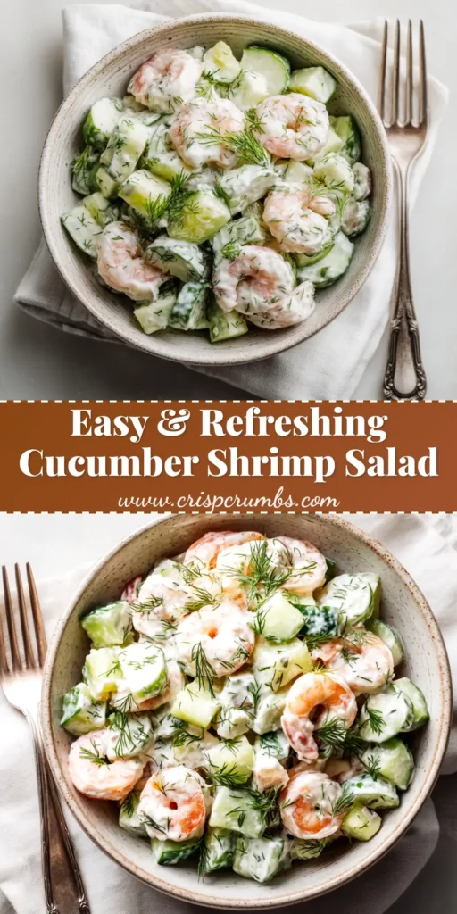 A bright and creamy cucumber shrimp salad in a white bowl, garnished with fresh dill. This easy and refreshing recipe is perfect for a light lunch.