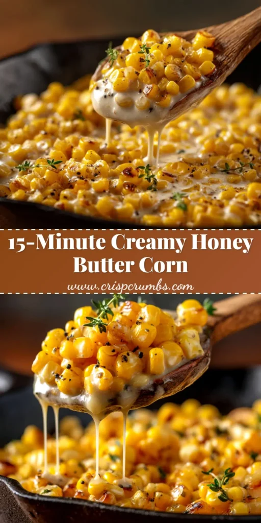 A top-down view of Creamy Honey Butter Skillet Corn in a black cast-iron skillet, garnished with fresh parsley. The perfect easy side dish recipe.