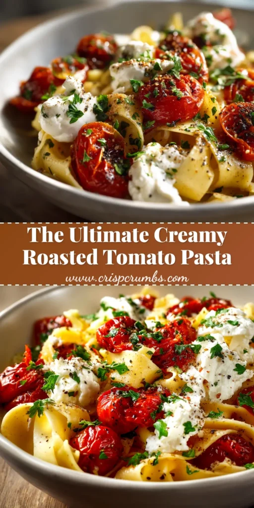 A stunning overhead shot of Creamy Roasted Tomato Pasta in a white bowl, garnished with fresh basil. The perfect pin to showcase this easy recipe.