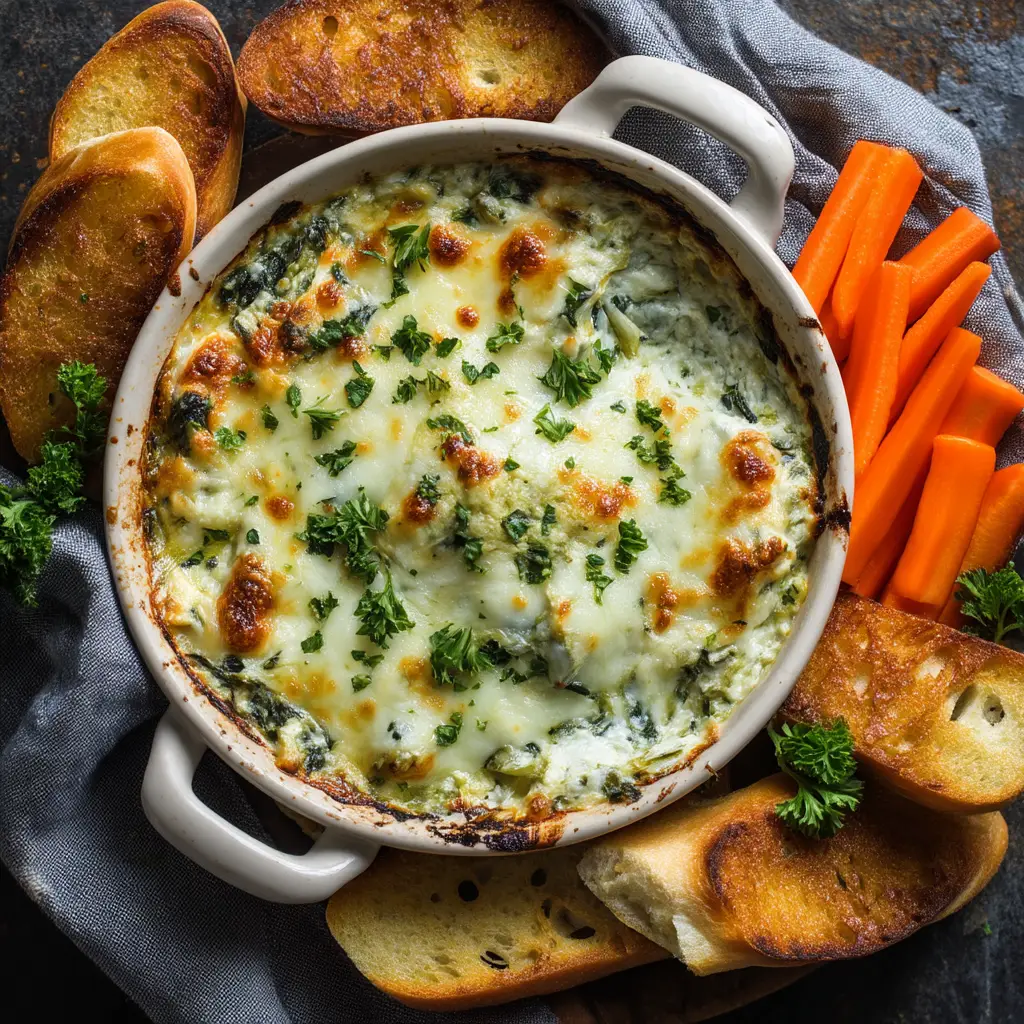 A scoop of cheesy spinach dip on a piece of toasted baguette, showing the creamy texture and melted cheese pull.
